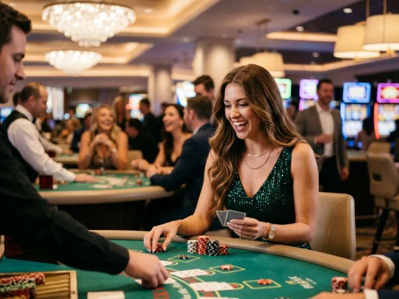 Woman reacting excitedly to a winning number on phlove online casino