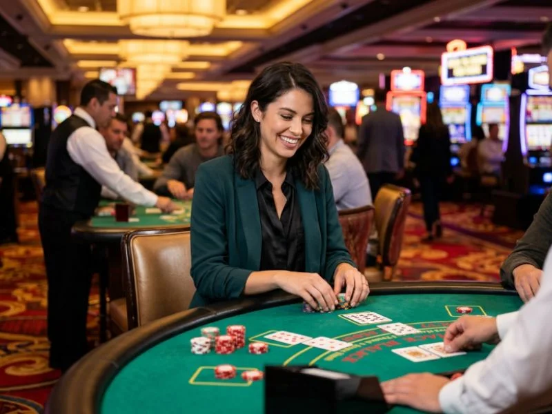 Woman smiling while placing casino chips at a PHLove online casino table