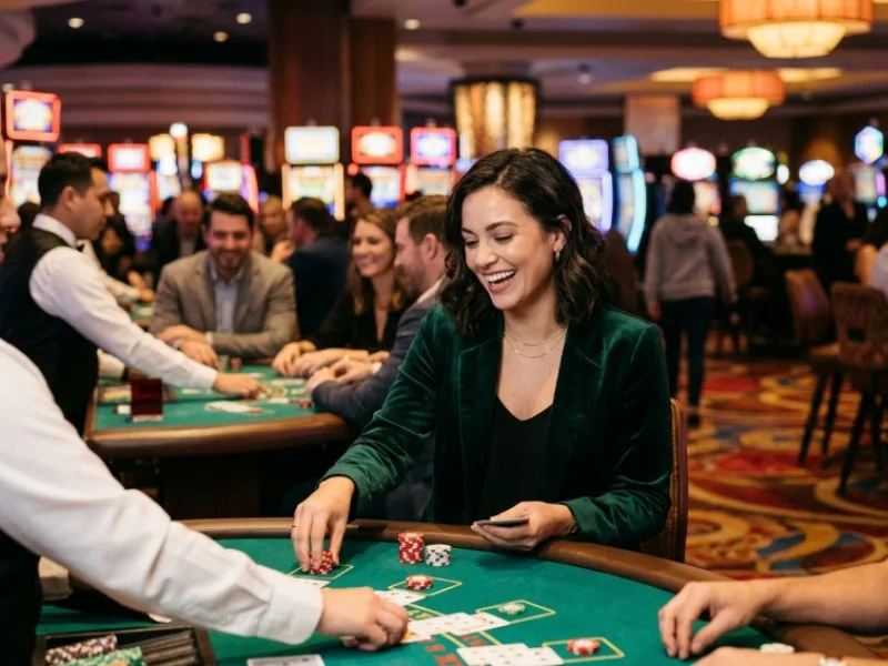 Woman playing cards under luxurious casino lights at a Spin PH online casino