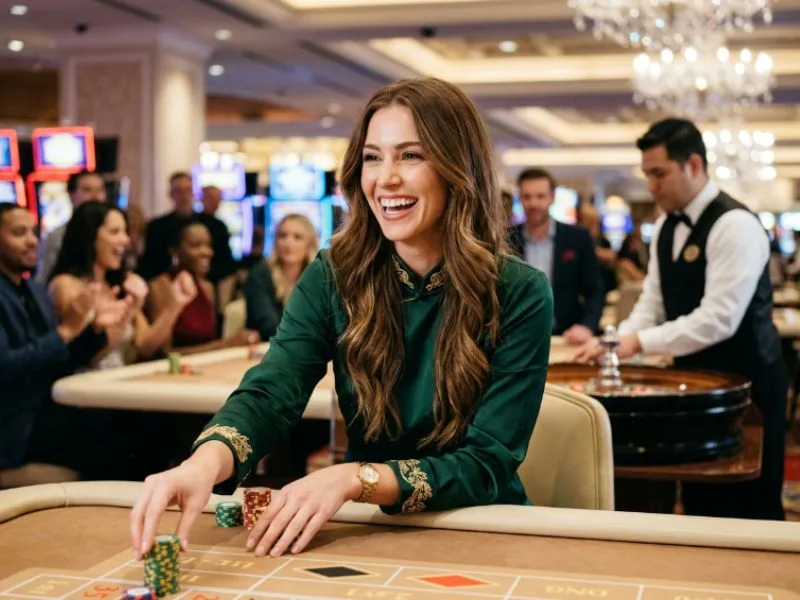 Woman smiling under glowing casino lights at Spin PH online casino