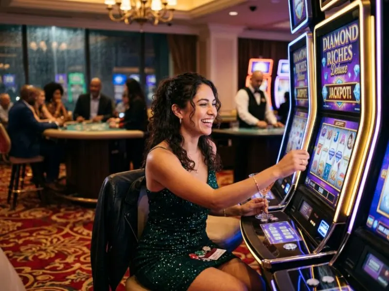 Woman celebrating at a slot machine at SW888 online casino