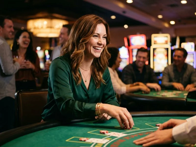 Woman celebrating a win with friends at SW888 online casino