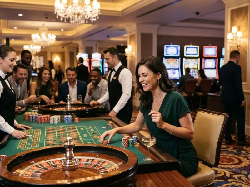 Beautiful woman smiling and holding casino chips at Taya 777 online casino login