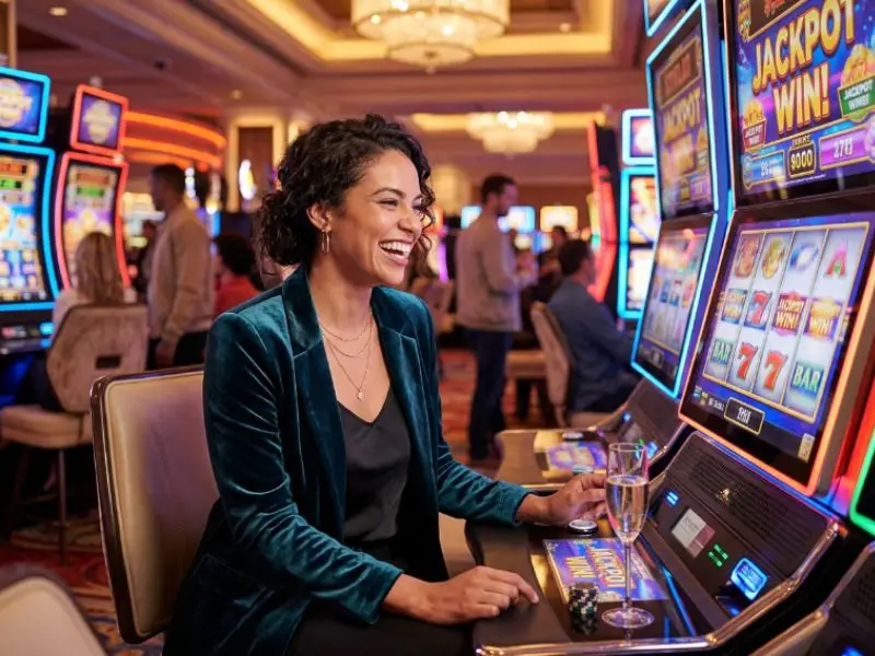 Woman enjoying bright casino slot machines at Taya 777 online casino login