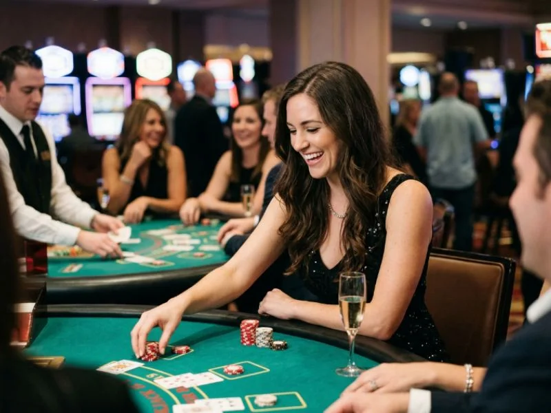 Woman enjoying casino nightlife with friends at Taya 777 online casino