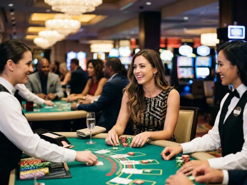 Woman sitting at a glamorous casino table for Taya 777 online casino login