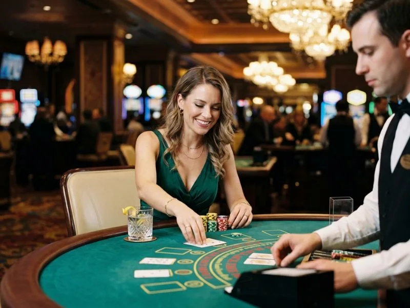 Woman placing casino chips on a gaming table at BBJL online.
