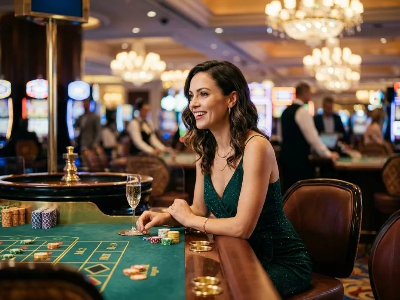 Woman enjoying an exciting casino night at Merry PH online casino.
