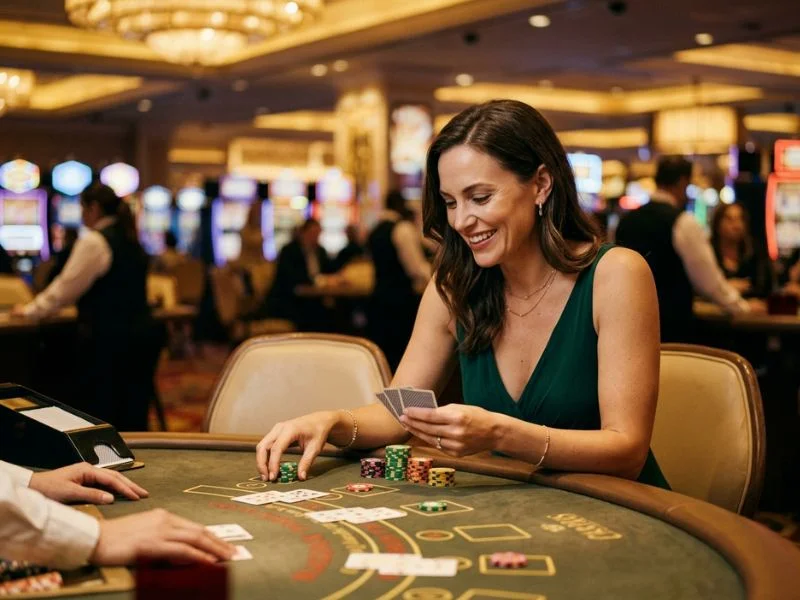 Woman holding playing cards at a gaming table at Merry PH online casino.