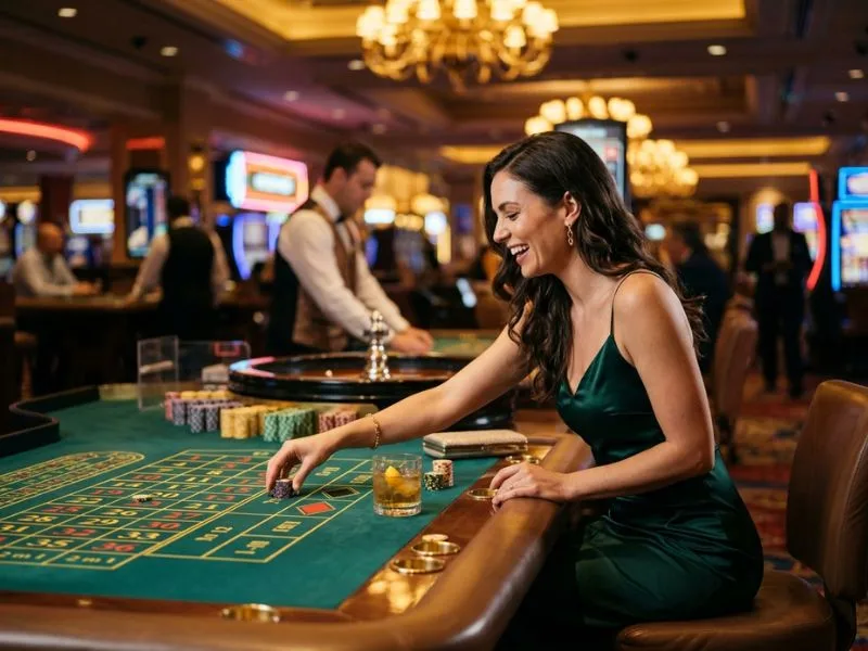 Woman placing a bet on a roulette table at Merry PH online casino.