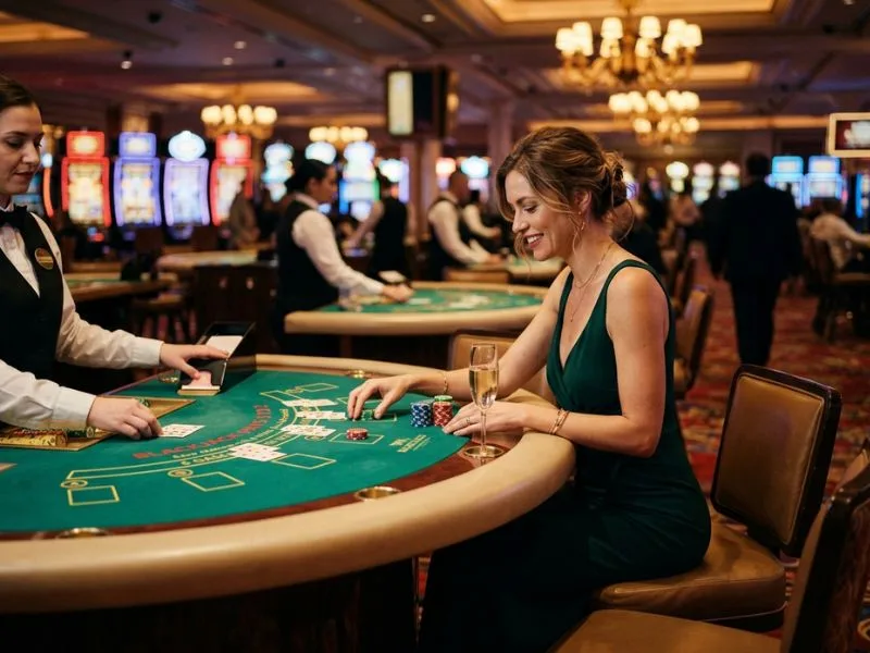 Woman playing a card game at a casino table at PH Pasay online casino.