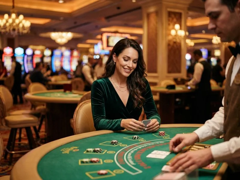 Woman sitting at a gaming table with casino chips at PH Pasay online casino.