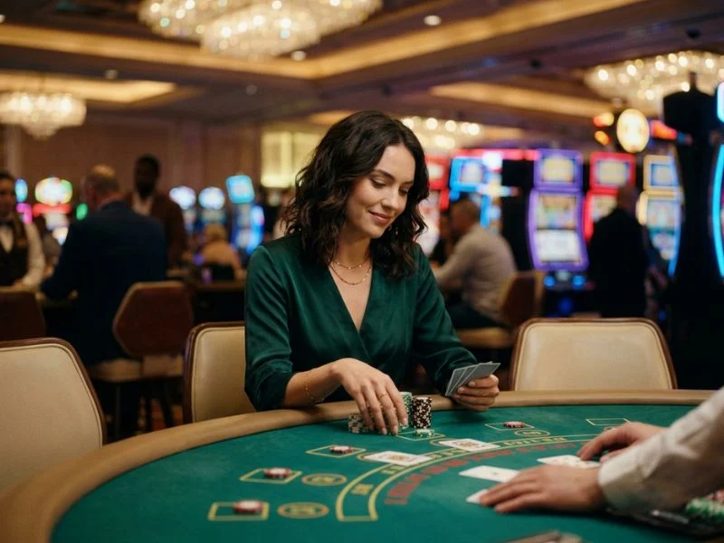 Woman holding casino chips while placing bets at Philboss online casino.
