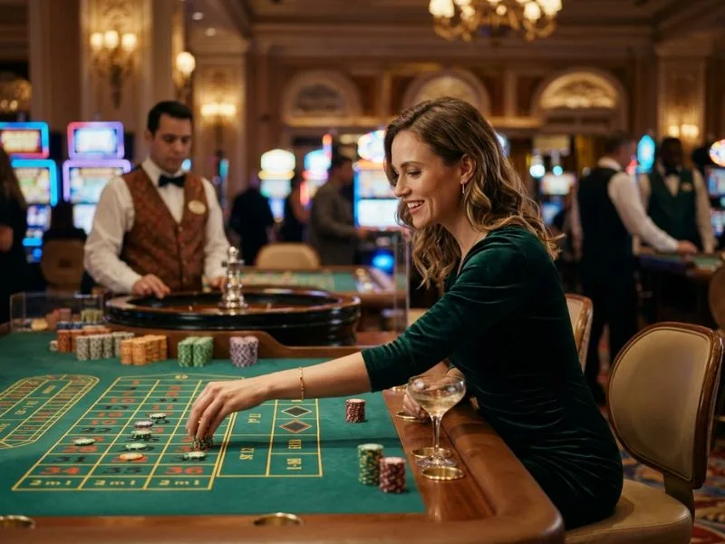 Woman sitting among bright lights and casino tables at Philboss online casino.