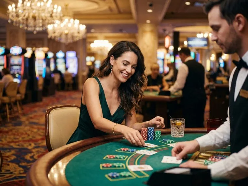 Woman watching the cards during a casino game at Philboss online casino.